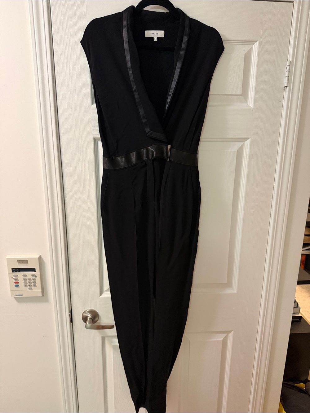Reiss Black Satin-Trim V-Neck Jumpsuit